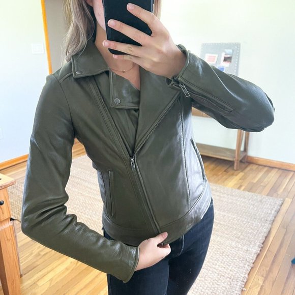 Muubaa Jackets & Blazers - MUUBAA Leather Olive Green Full Zip Bohemian Motorcycle Jacket Long Sleeve 8 NWT